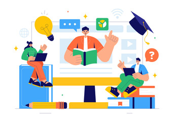 Online Education and Knowledge Books Vector Illustration Featuring People Studying with School Supplies and Learning Materials in a Background