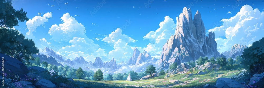 Poster majestic mountain range under soft clouds with vibrant colors and clear blue sky inviting exploratio
