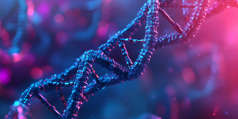 Close-up of illuminated DNA strands in blue and pink colors, Abstract genetic design
