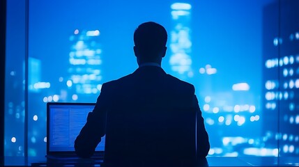 Businessman working at night overlooking city lights