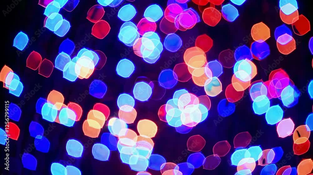 Poster colorful bokeh lights creating a vibrant abstract pattern at night, festive and lively atmosphere co