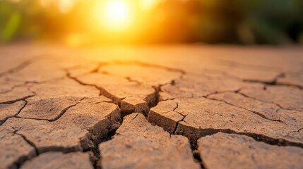 Obraz premium Cracked Earth and Dry Soil Under Sunset Glow in Natural Landscape, Symbolizing Drought and Environmental Issues