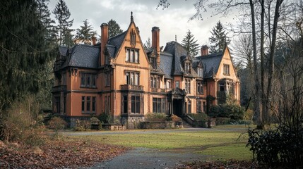 Obraz premium Grand Victorian Mansion Surrounded by Lush Trees and Overcast Sky