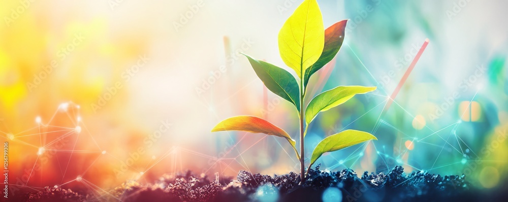 Aufkleber young plant growing from soil with network connection in background