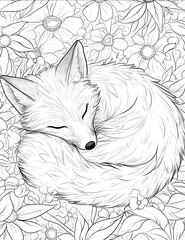 Coloring page for adults A fox curled up peacefully resting clean line art black and white cartoon style Low detail No shading or grayscale