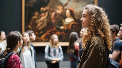 Fototapeta premium Young Woman Observing Art in Museum Surrounded by Other Visitors