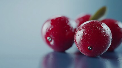 Close-up of fresh cranberries with water droplets on a smooth surface.
