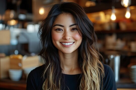 portrait of a young woman in a cafe created with generative AI