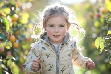 Happy little girl in warm clothes playing outdoors in autumn
