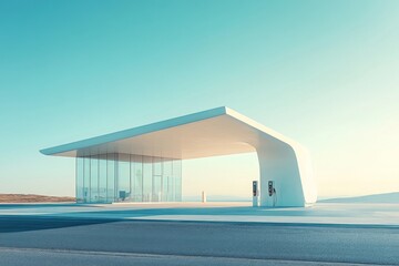 Minimalist modern house with clean white architecture under blue sky