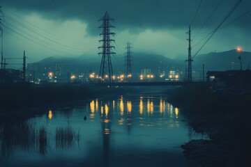 Naklejka premium Moody landscape of a river under a cloudy sky at twilight
