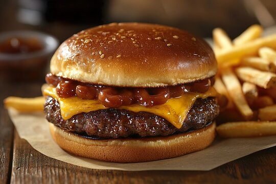 BBQ hamburger with cheese and fries created with generative AI