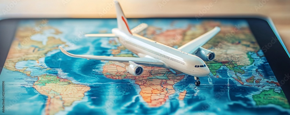 Poster toy airplane standing on a world map displaying travel concept
