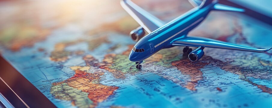 Miniature blue airplane resting on world map depicting international travel concept