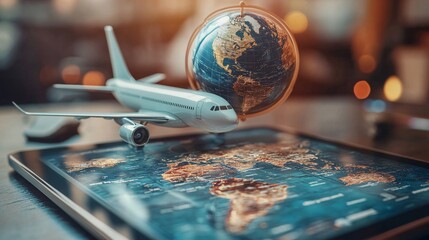 Airplane flying over world map and globe on tablet computer