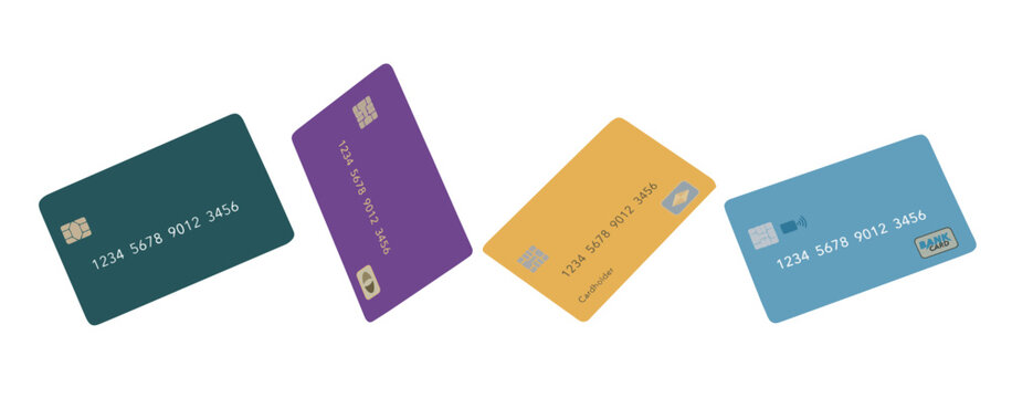 Four mock generic credit cards are seen floating over a white background. Text area available on the cards and background.