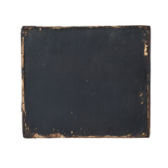 Obraz premium Vintage black wooden board with a distressed and worn texture, featuring chipped edges and a rustic appearance. Isolated on transparent background, png.