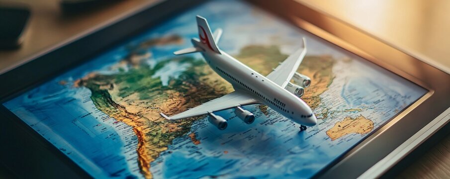Miniature airplane resting on digital tablet displaying north and south america map