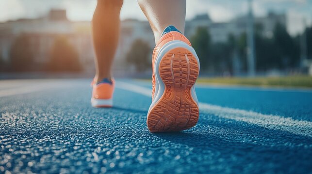 Female sprinter poised at starting line on blue running track, outdoor stadium race preparation with orange athletic shoes – panoramic sports banner
