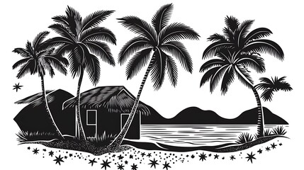 Tropical beach scene with palm trees and hut