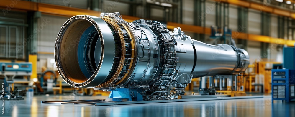 Poster Powerful turbofan jet engine being assembled in a high tech industrial factory