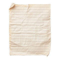 Wrinkled lined paper sheet with a folded corner and aged texture. Features horizontal lines for writing, suitable for notes, journaling, or background use. Isolated on transparent background, png.