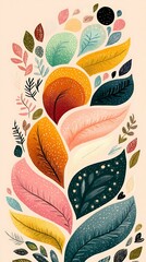 Gastropod movement spiral Colorful Leaf Pattern with Various Shapes and Textures on a Light Background