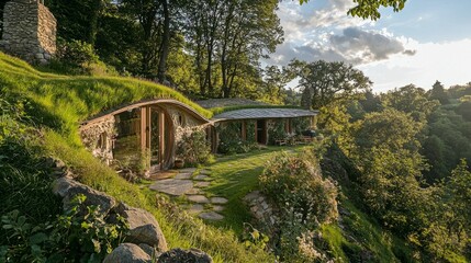 Fototapeta premium Modern Eco-Friendly House Surrounded by Lush Green Landscape