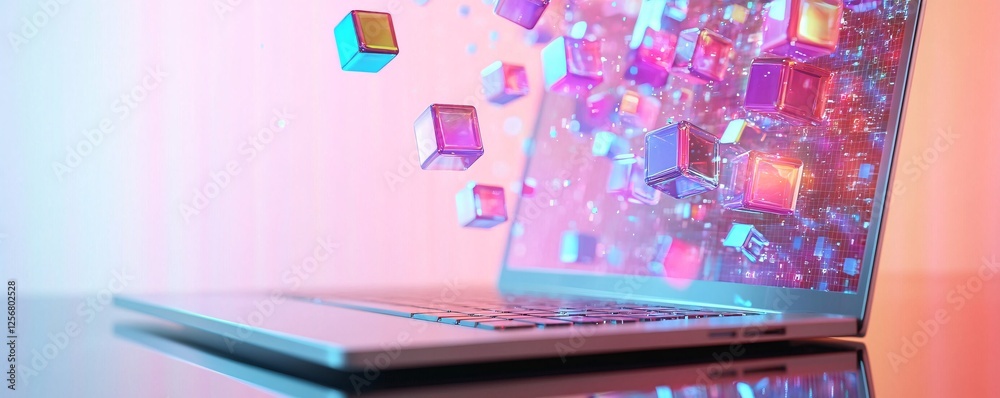 Poster Laptop generating hologram of colorful cubes floating in the air
