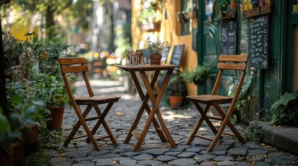 Wooden Chairs Table Cozy Outdoor Cafe Setting