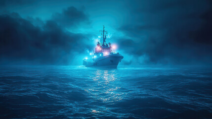 Fototapeta premium high tech ship navigating through dark, misty waters with glowing lights. scene evokes sense of mystery and adventure