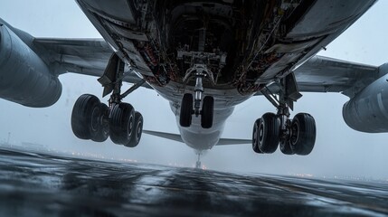 A close-up of the undercarriage of a jumbo jet as it nears the runway, highlighting precision engineering