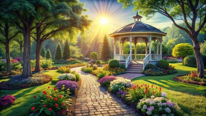 Arched Path Gazebo Landscape Photography: Serene Garden Pathway Leading to Romantic Summerhouse