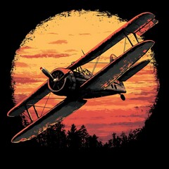 Vintage biplane flying at sunset over forest. Graphic design. Possible use T-shirt design