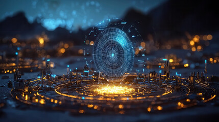 futuristic digital landscape with glowing circuits and holographic displays, showcasing advanced technology and innovation