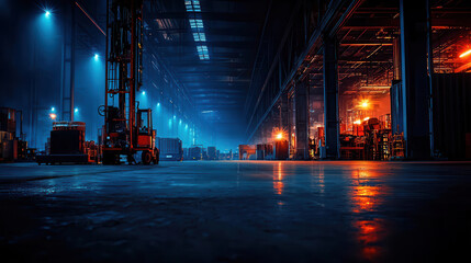 vibrant industrial warehouse with illuminated aisles and machinery, showcasing blend of technology and efficiency