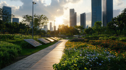 Fototapeta premium vibrant urban landscape featuring solar panels, lush greenery, and blooming flowers under sunset sky