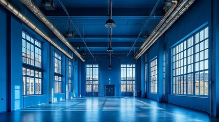 Fototapeta premium Bright Blue Industrial Space with Large Windows