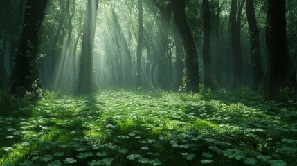 Fototapeta premium Sunbeams Illuminate Lush Green Forest Floor
