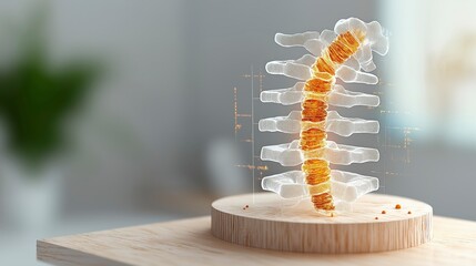 Naklejka premium 3D Transparent Spine Model on Wooden Base for Medical and Educational Purposes in Modern Setting