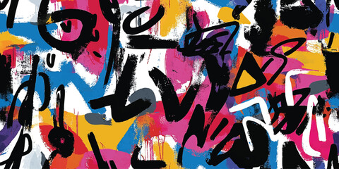 Colorful seamless vector pattern of urban graffiti art, street murals and tags for street art enthusiasts