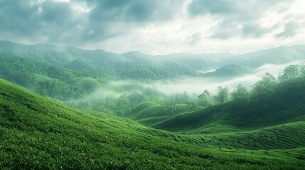 Obraz premium Lush Green Rolling Hills with Misty Background in Scenic Landscape