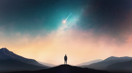 Silhouette of a Person Standing on a Hill Against a Starry Night Sky with a Comet and Mountains