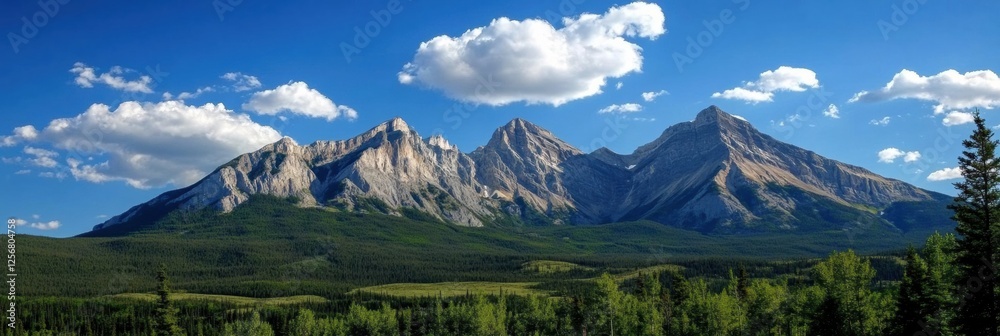 Leinwandbilder Majestic mountain range beneath soft clouds in a bright blue sky with space for text. Generative AI