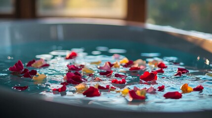 Serene Bathtub with Colorful Flower Petals Floating on Water
