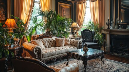 Obraz premium Elegant Vintage Living Room with Plush Couch and Greenery Decor