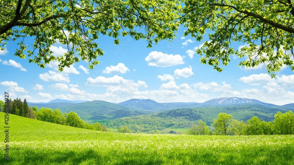 Wall mural Spring meadow, mountain view, sunny day, nature scene, idyllic landscape, perfect for travel brochures