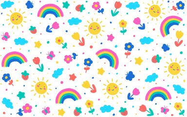 Kindergarten doodles with colorful rainbow and sun on a white background. Hand-drawn design. Back to school concept