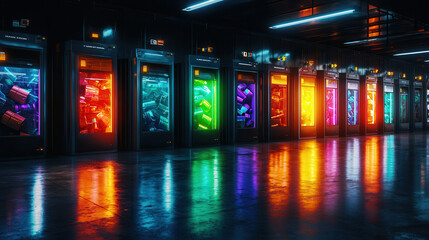 Fototapeta premium vibrant display of illuminated vending machines showcasing colorful items in modern setting, creating futuristic atmosphere