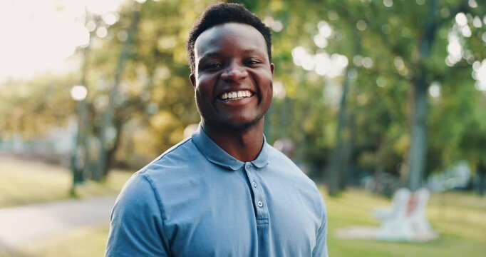 Face, outdoor and black man in park, smile and environmentalist with inspection. African person, portrait and employee with happiness, government official for recreation and climate change activist
